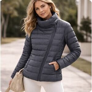 Athleta Goose Down Puffer Jacket Asymmetrical Zip Gray Minimalist Medium